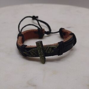 Wing Bullet with Love Black Leather Adjustable Bracelet BA-12